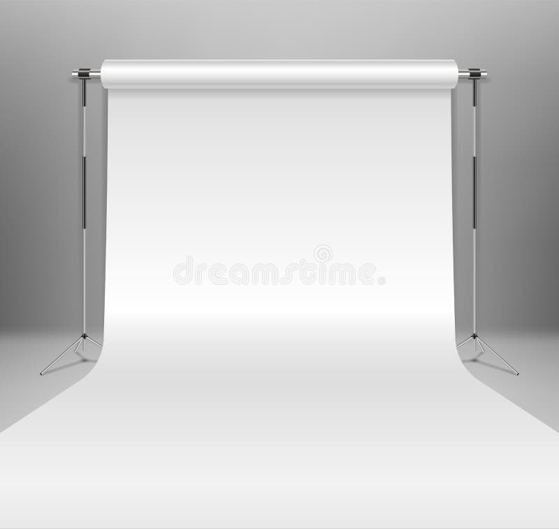 Realistic empty white photo studio backdrop template. photographer studio backdrop stand with white paper on Gray stock illustration Realistic empty white photo studio backdrop template. photographer studio backdrop stand with white paper on Gray stock illustration