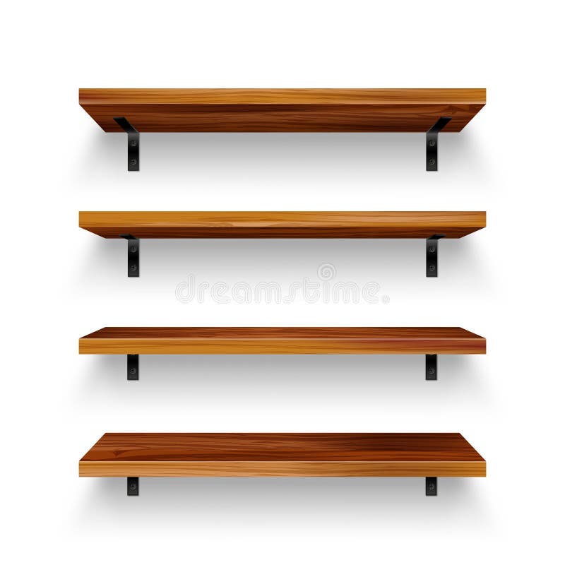 Realistic empty wooden store shelves set. Product shelf with wood texture and black wall mount. Grocery rack. Vector vector illustration