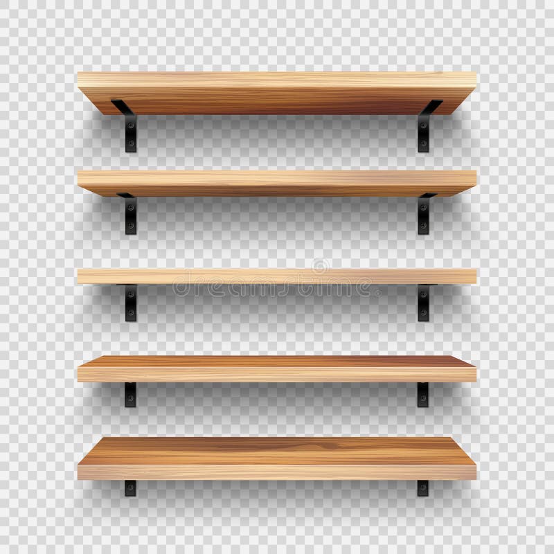 Realistic empty wooden store shelves set. Product shelf with wood texture and black wall mount. Grocery rack. Vector royalty free illustration