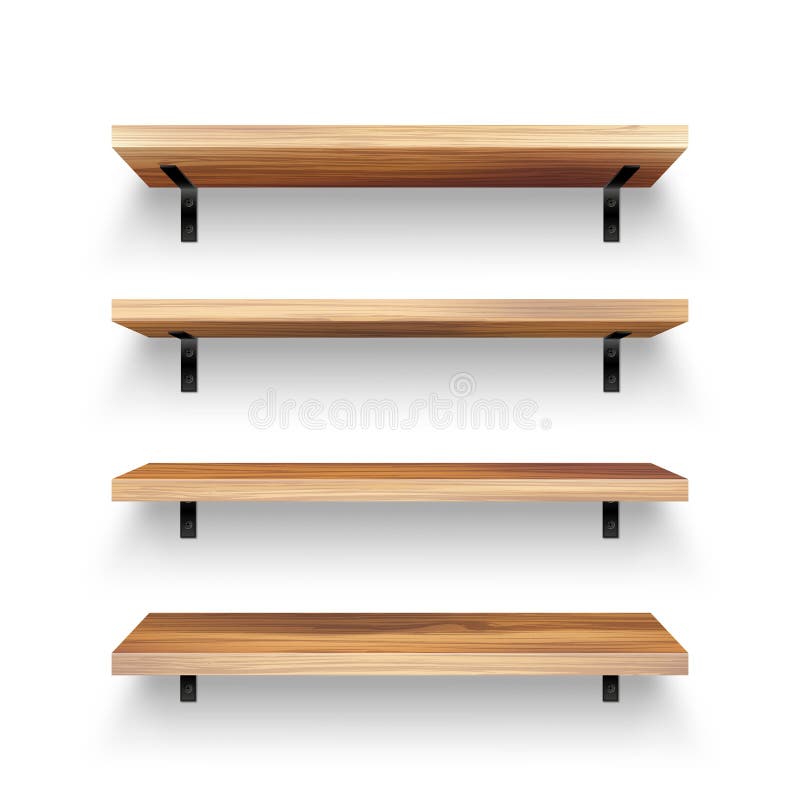 Realistic empty wooden store shelves set. Product shelf with wood texture and black wall mount. Grocery rack. Vector vector illustration