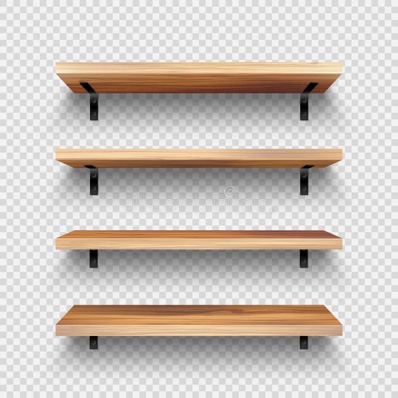 Realistic empty wooden store shelves set. Product shelf with wood texture and black wall mount. Grocery rack. Vector stock illustration