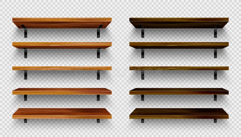 Realistic empty wooden store shelves set. Product shelf with wood texture and black wall mount. Old grocery rack. Vector stock illustration