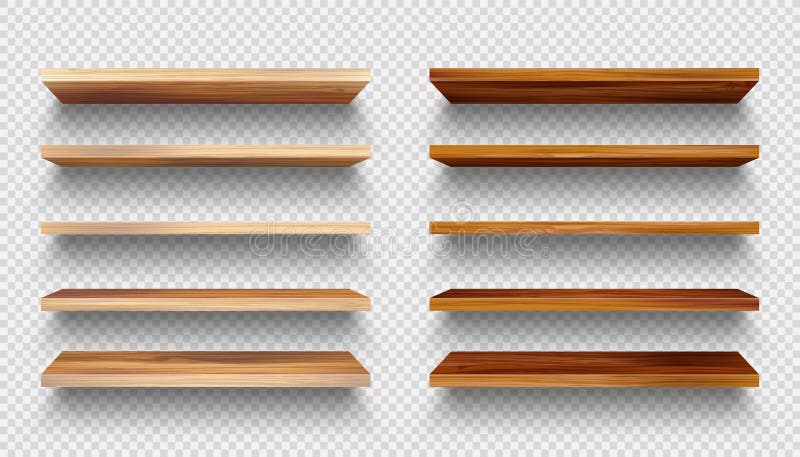 Realistic empty wooden store shelves set. Product shelf with wood texture. Grocery wall rack. Vector illustration. stock illustration