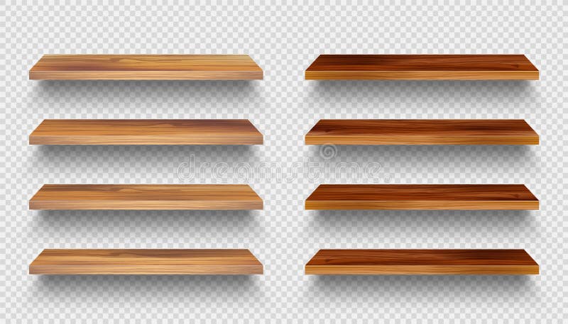 Realistic empty wooden store shelves set. Product shelf with wood texture. Grocery wall rack. Vector illustration. stock illustration