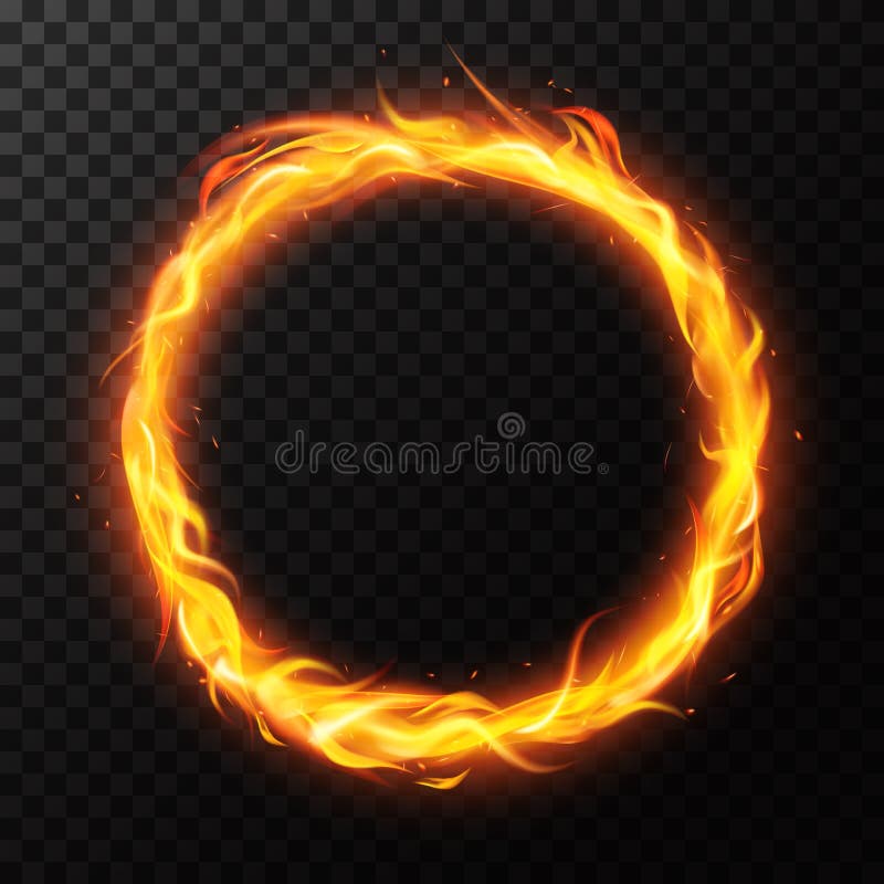 Realistic fire ring. Burning flame circle hoop, red flaming round light, circus fiery circle ring frame isolated vector
