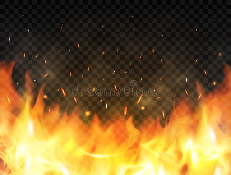 Realistic flames on transparent background. Fire background with flames, red fire sparks flying up, glowing particles vector illustration