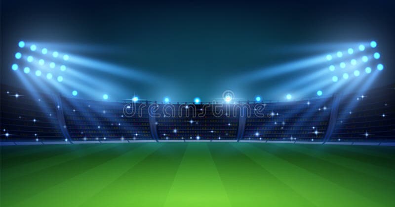 Realistic football arena. Soccer playing field at night with bright stadium lights, green grass and tribunes. Vector