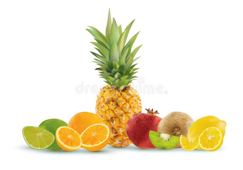 Realistic fruit on a white background, pineapple, lemon, kiwi, lime, pomegranate, orange. Vector graphics.