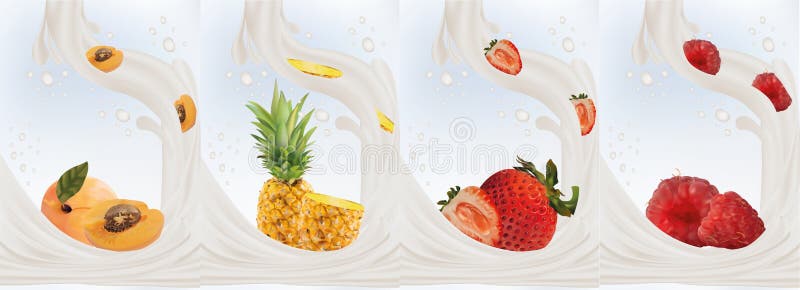Realistic fruits strawberry, apricot, pineapple, raspberry with milk splashes close up. 3d vector illustration. Set milk