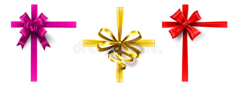 Realistic gift bow. Cross ribbon with bow, decorating gift box ribbons. Pink, gold and red bows vector set