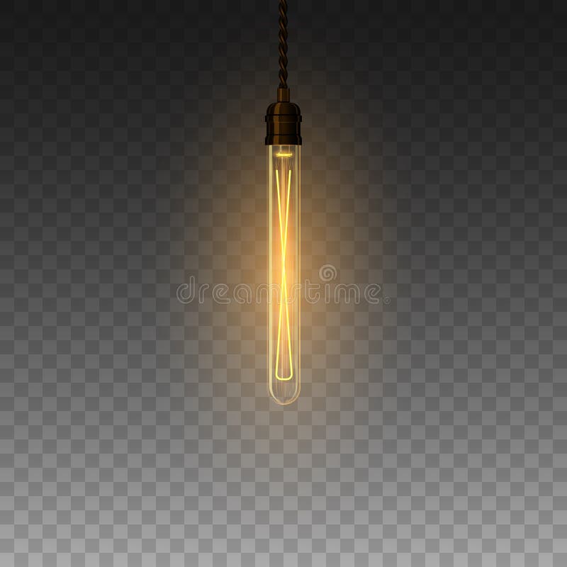 Realistic Glowing Lamp Hanging on the Wire. Incandescent Lamp Stock