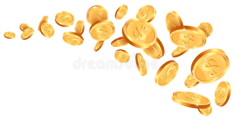 Realistic gold 3d treasure. Golden coins wave, cash coins falling trail, 3D golden treasure winner prize vector