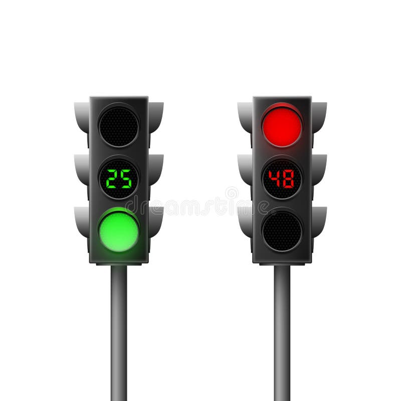 Realistic Green and Red Traffic Lights with Countdown. Traffic Laws