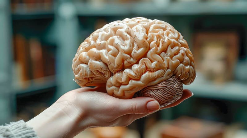 A realistic hand holding a detailed model of a human brain, set against a blue background stock illustration