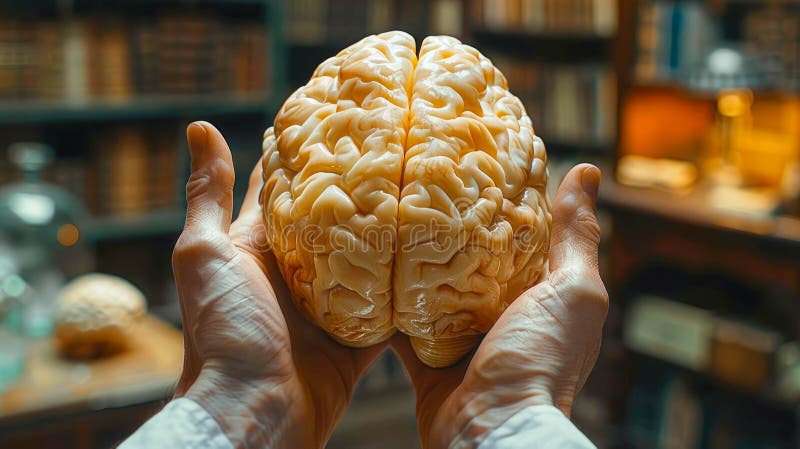 A realistic hand holding a detailed model of a human brain, set against a blue background stock illustration