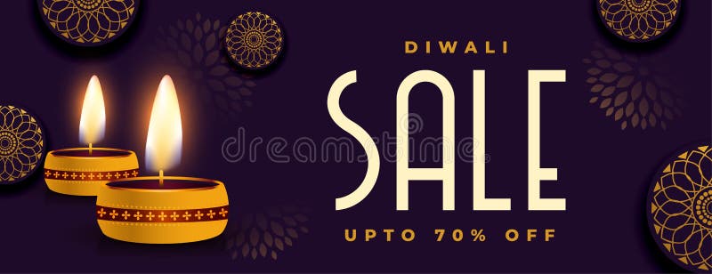 Realistic Happy Diwali Sale Banner With Glowing Diya Design Stock