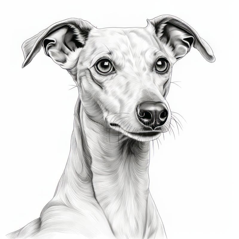 Realistic Hyper-detailed Line Drawing of a Whippet Dog on White ...