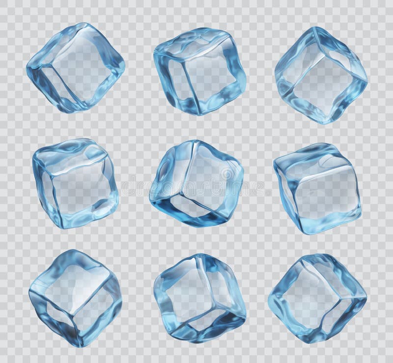 Realistic ice cubes, crystal icy blocks vector set