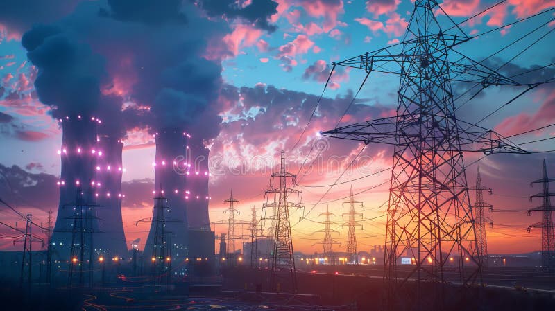 Realistic image of a nuclear power plant actively producing electricity in operation royalty free illustration