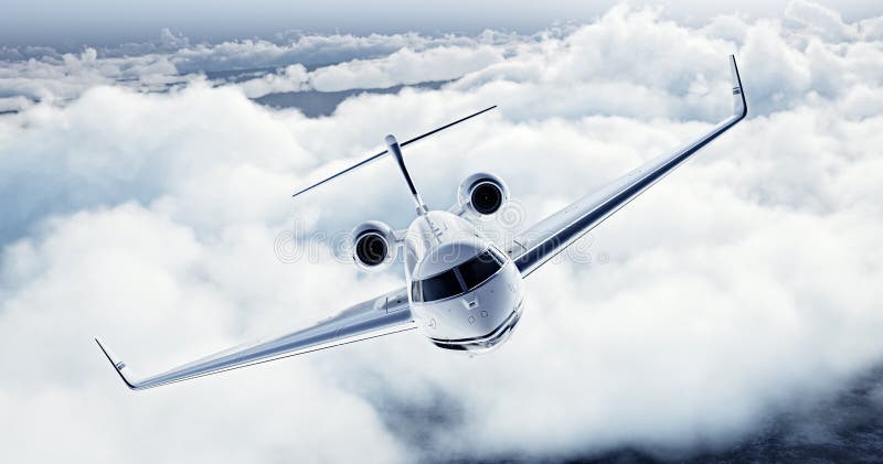 Realistic image of White Luxury generic design private airplane flying over the earth. Empty blue sky with white clouds