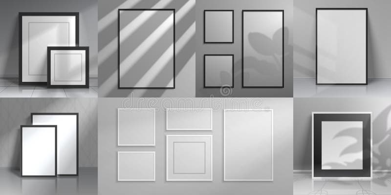 Realistic interior frames. 3D mockups with shadow overlay from windows and home plants for poster and banner design