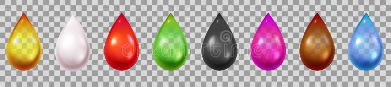 Realistic liquid drops. 3d droplets of water, blood, green and black tea, cream, petrol and oil. Pink and golden