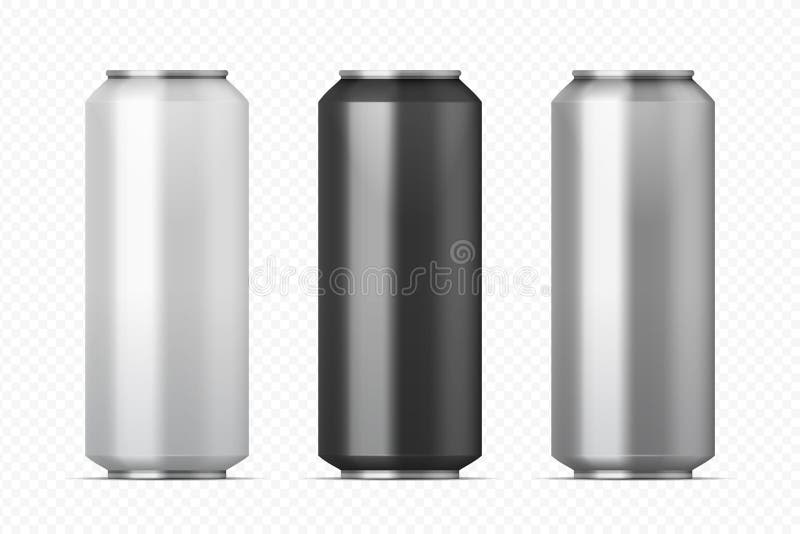 Realistic metal cans. Aluminum beer and lemonade beverage can of different colors. Vector black silver white cans set on vector illustration Realistic metal cans. Aluminum beer and lemonade beverage can of different colors. Vector black silver white cans set on vector illustration