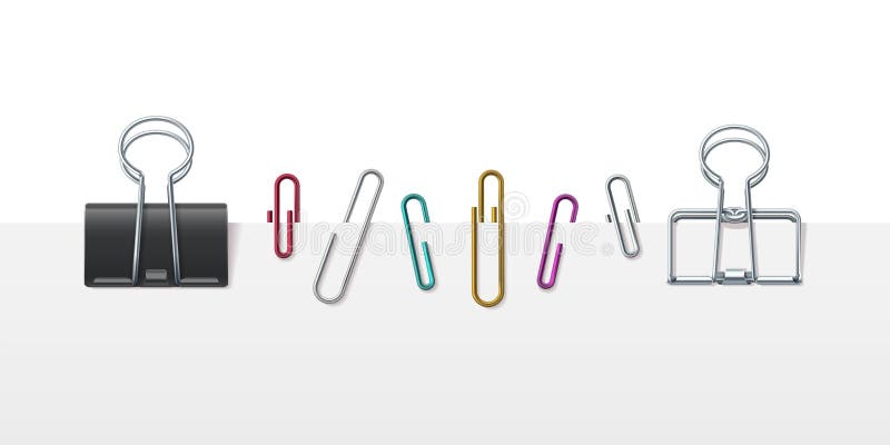 Realistic metal paper binder clips, clamps and sheet holders. Office paperclips attached to white page. Office clip