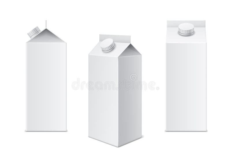 Realistic milk box. 3d white cardboard template for juice, milk and beverage package, different viewing angles drinks stock illustration