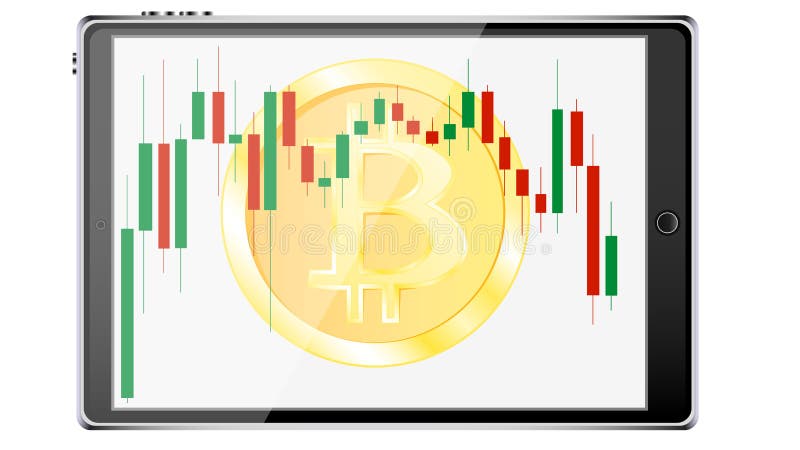 A realistic mobile smart tablet computer with a coin bitcoin, a crypto currency in the background of the exchange chart of price c stock illustration