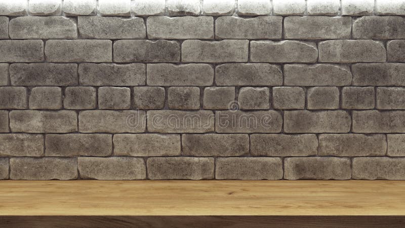 Realistic mockup with brick wall wooden shelf for decoration design. Space background. Wooden empty bookshelf. Gray background. 3d