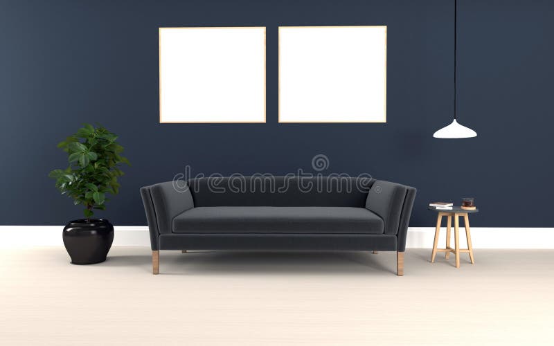 Modern Living Room Frame Mockup Sofa with Cushions and a Lamp Stock