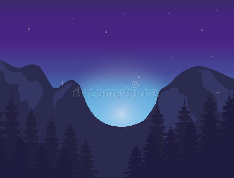 Realistic mountain landscape with a forest under the sky vector illustration graphic design. Grass night sky background vectors