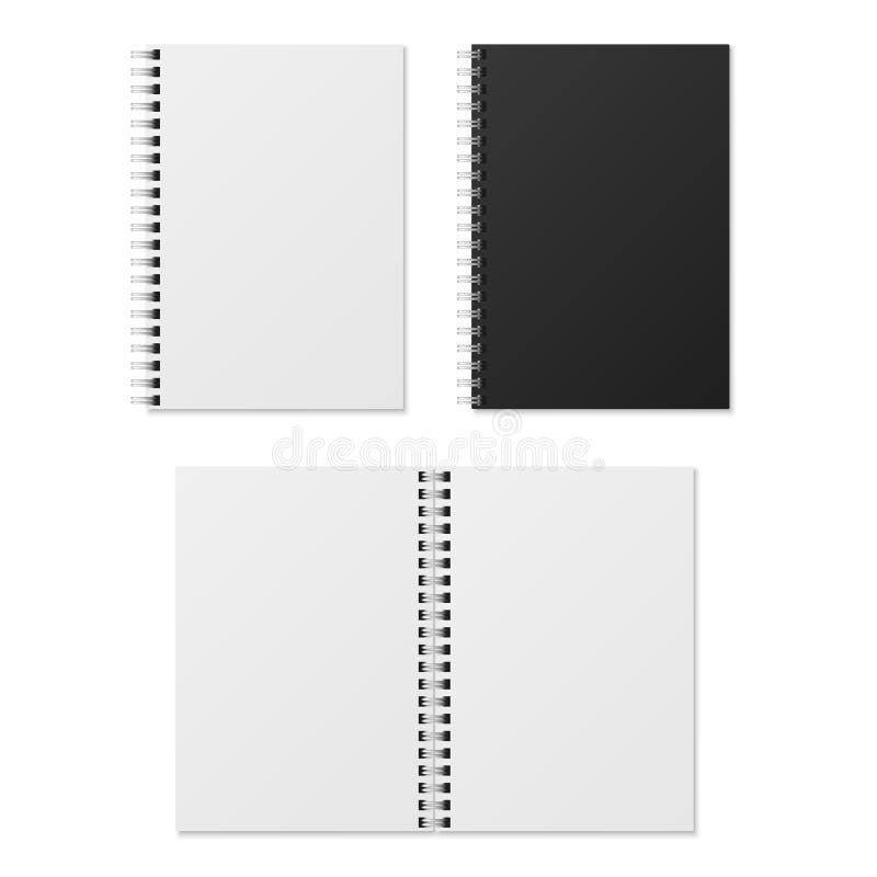 Realistic notebook. Blank open and closed spiral binder notebooks. Paper organizer and diary vector template isolated vector illustration Realistic notebook. Blank open and closed spiral binder notebooks. Paper organizer and diary vector template isolated vector illustration