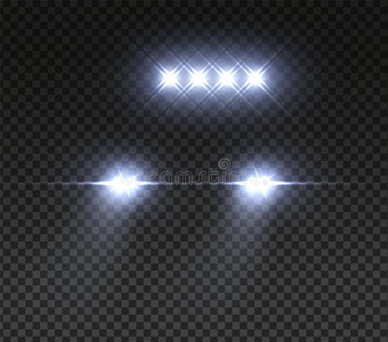 Realistic offroad car headlights. Night road led car light. Vector light effect on transparent background