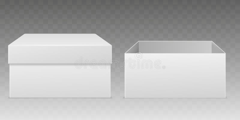 Realistic packaging boxes. Empty white box mockup, consumer cardboard package paper wrap open closed carton container vector illustration