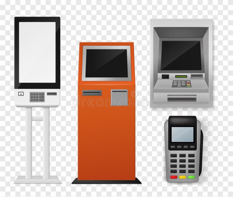 Realistic payment terminal. Atm and self-ordering kiosk, pos payment machine, debit credit card interactive financial 3d royalty free illustration