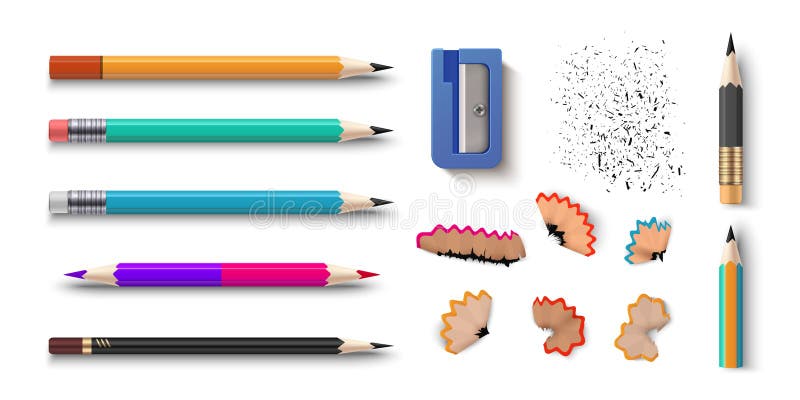 Realistic pencils. 3D colored school stationery with sharpener and shavings. Vector graphite sharpened pencils set of stock illustration Realistic pencils. 3D colored school stationery with sharpener and shavings. Vector graphite sharpened pencils set of stock illustration