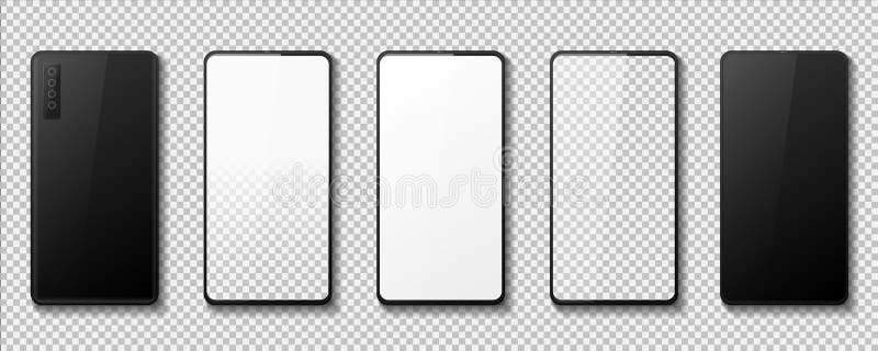 Realistic phone. Gadget mockup with white black and transparent screen, 3D smartphone front and back view. Vector illustration cellphone design set, isolated mockups touching gadgets. Laptop side angle vectors