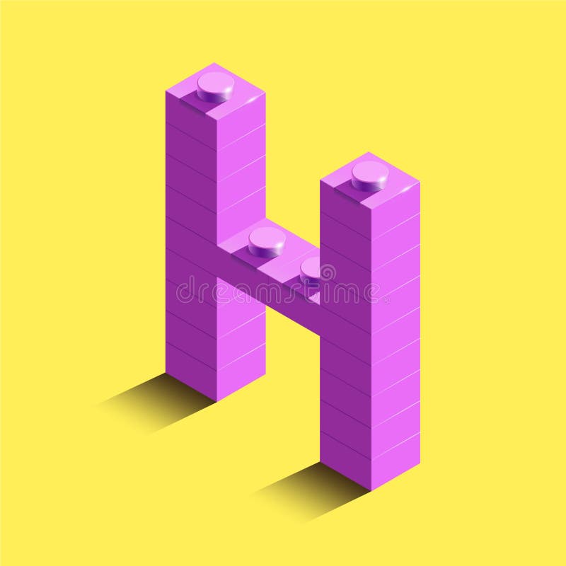 Realistic Pink 3d Isometric Letter H of the Alphabet from Constructor Lego Bricks. Pink 3d