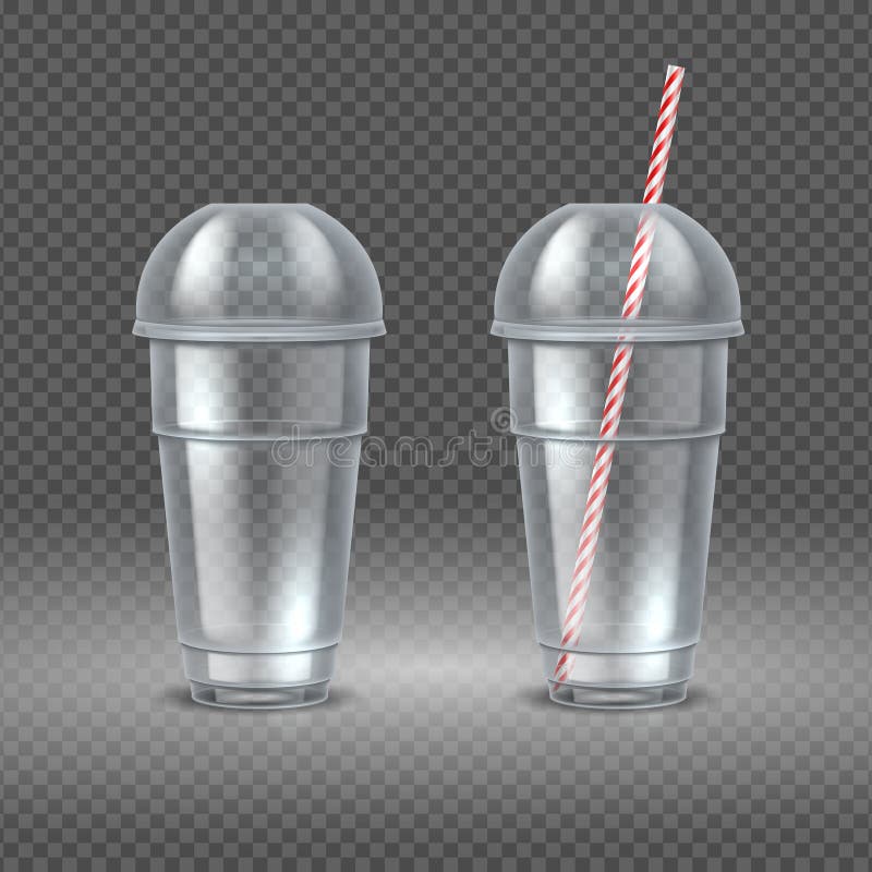 Realistic plastic cup. Transparent coffee container with straw, water juice and cocktail cup mockup. Vector disposal