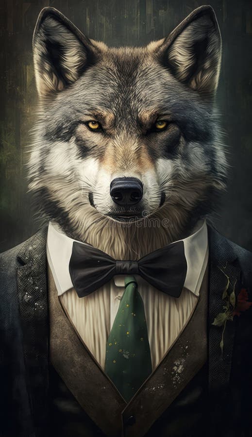 Realistic Portrait Illustration Art Showcasing Cute Wolf Wearing Bow ...