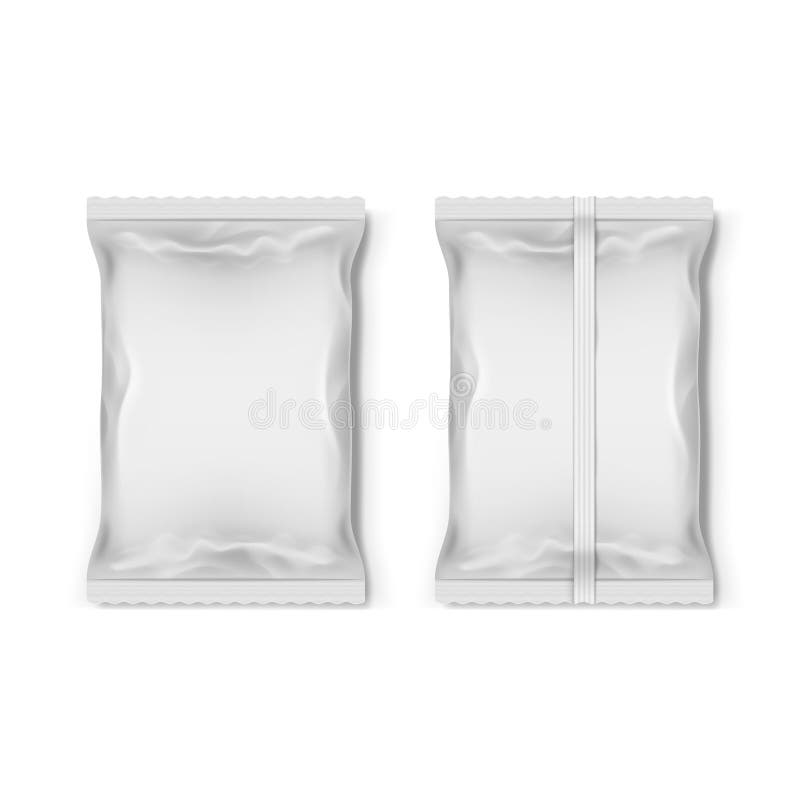 Plastic foil bag with hole in paper clip, vector realistic 3d mockup.  Transparent plastic bag package, products display doypack pouch and sachet  pack Stock Vector