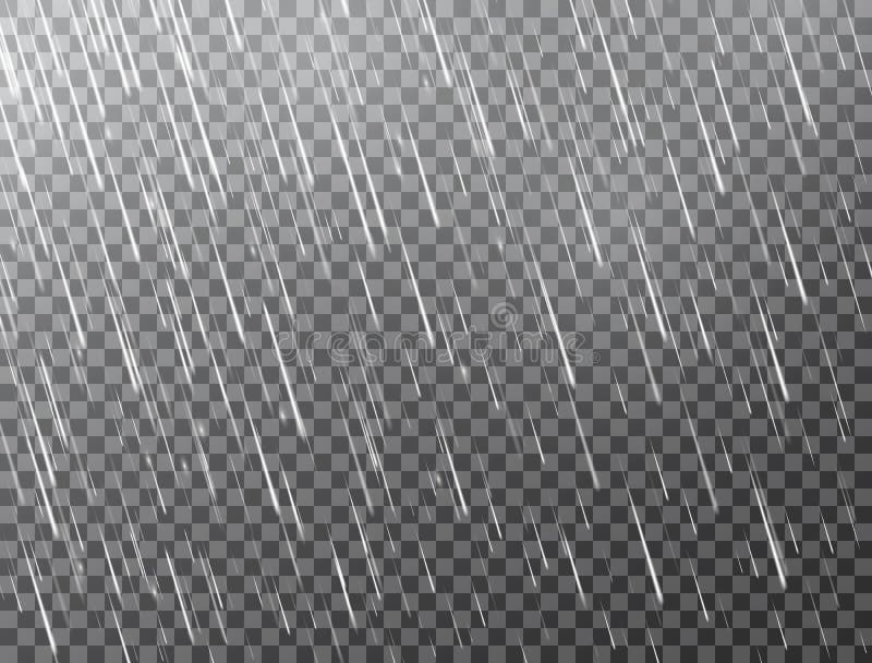 Realistic rain on transparent background. Falling water drops. Rainfall texture. Rain storm. Rainy cloudy backdrop. Vector