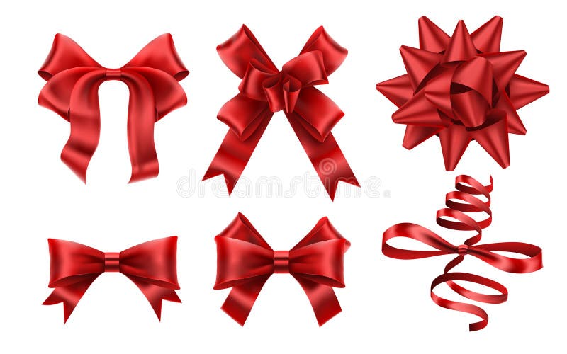 Realistic red bows. Decorative xmas gift ribbon bow, christmas or romance decoration elements vector illustration set vector illustration Realistic red bows. Decorative xmas gift ribbon bow, christmas or romance decoration elements vector illustration set vector illustration