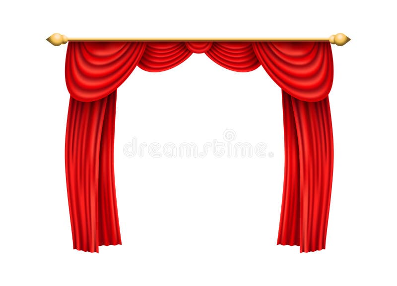 Realistic red curtains. Luxury velevet drapery with pelmet