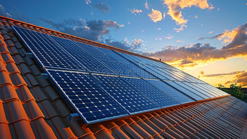 Realistic Rendering of Solar Panels on Red-Orange Roof for Eco-Friendly Building Design Projects stock illustration