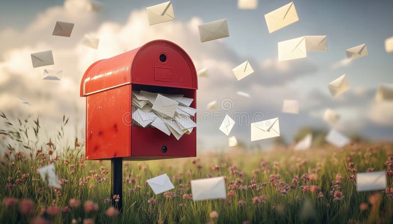 Realistic Rendering Of Vintage Red Mailbox Adorned With White Envelopes In Flight, Illustrating Post Delivery Scene. AI generated