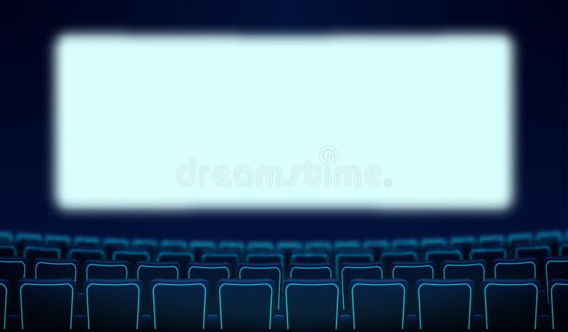 Realistic rows of blue chairs cinema and white blank screen in the darkness. Cinema auditorium and movie theater seats facing royalty free illustration Realistic rows of blue chairs cinema and white blank screen in the darkness. Cinema auditorium and movie theater seats facing royalty free illustration