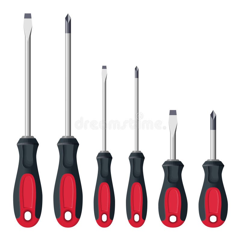 Realistic screwdrivers set isolated on white background. Hand tools for repair and construction. Small and large